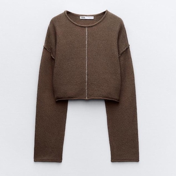 ZARA CONTRASTING PIPING CROP KNIT SWEATER - Picture 1 of 4